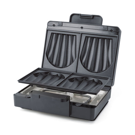 An EASY MELT open sandwich maker with two triangular cooking compartments, featuring ridged surfaces and large heating plates for grilling. The appliance is black, with a non-stick coating, a handle on the top, and a power cord at the back.